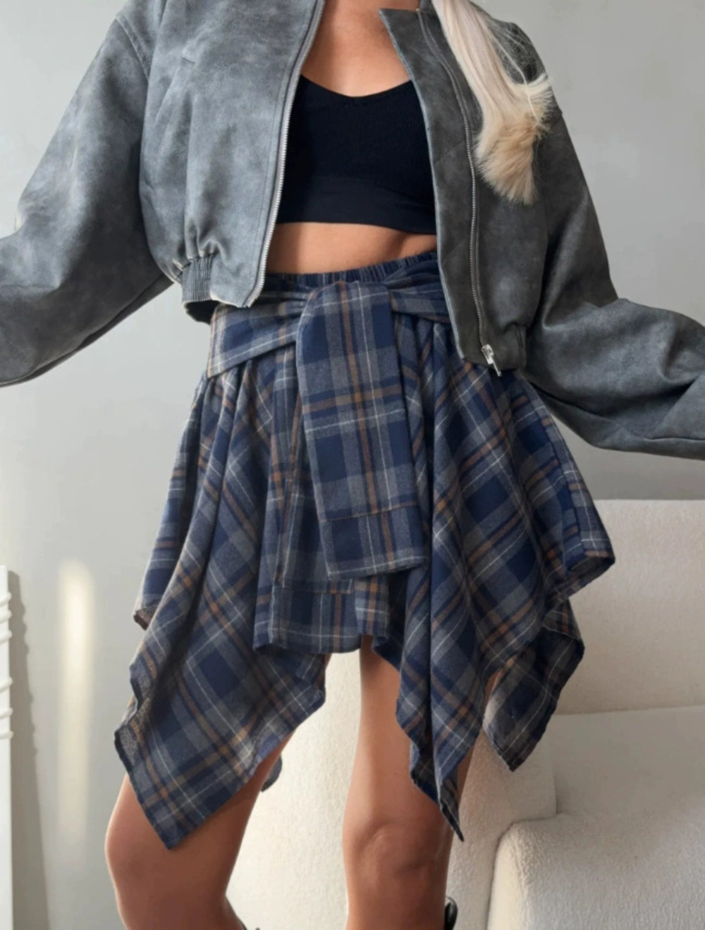 Zara Retro Autumn Plaid Irregular Mini Skirt with Tie and Lining